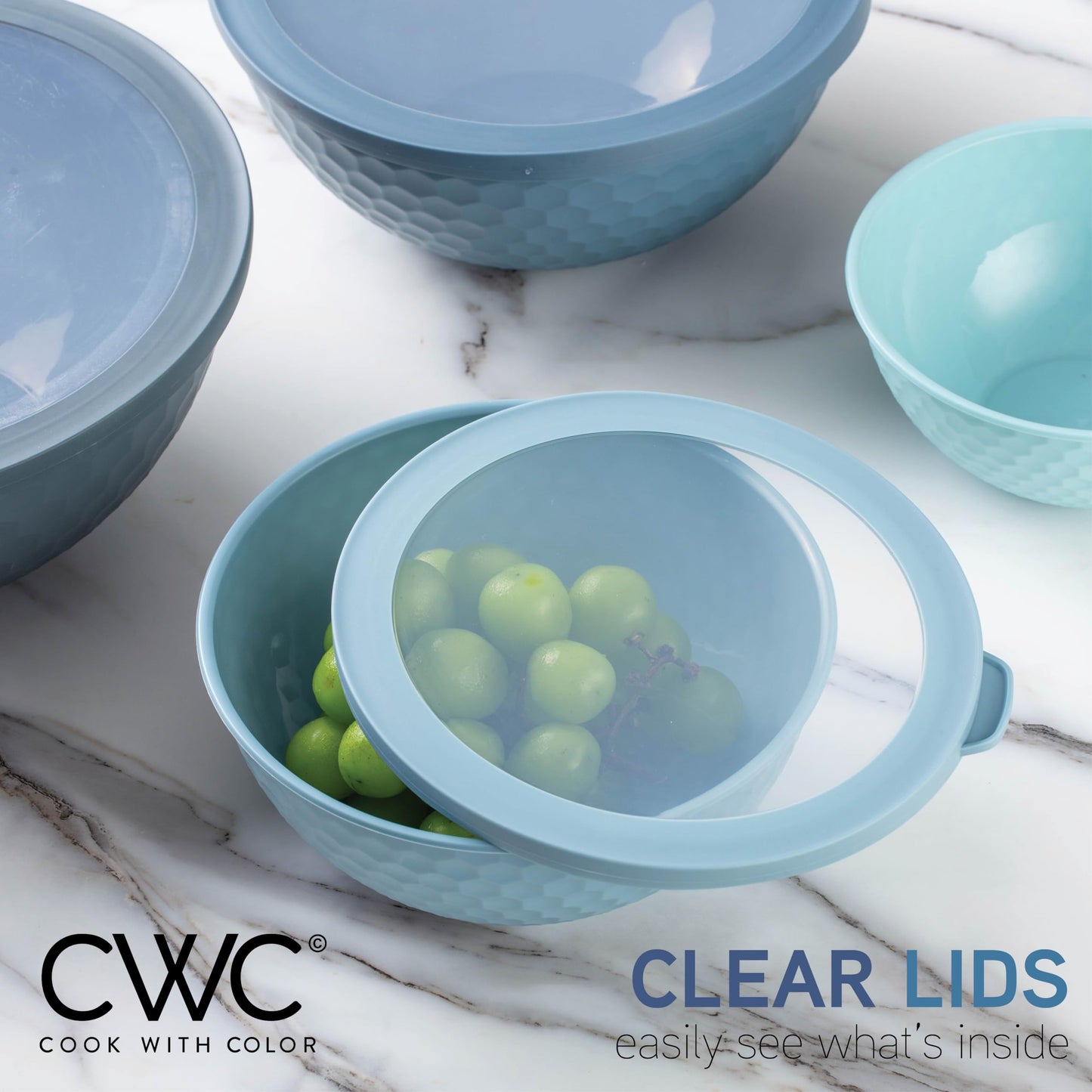 COOK WITH COLOR Mixing Bowls with Lids - 12 Piece Plastic Nesting Bowls Set includes 6 Prep Bowls and 6 Lids, Non Slip Bottom and Embossed Design - Microwave Safe (Blue)