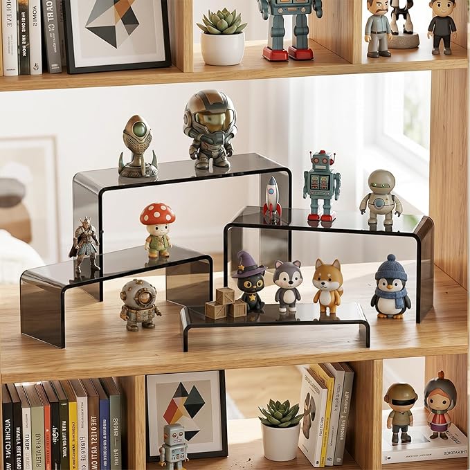 FUNFERY Acrylic Display Risers, 2 Set(7.8" L~8.2" L~8.6" L~9Ã¢ÂÂL) Display Shelf for Figure, Collectibles, Cupcake, Black Acrylic Stands for Dessert, Jewelry, Candy Showcase, 4 Tier Action Figure Stand