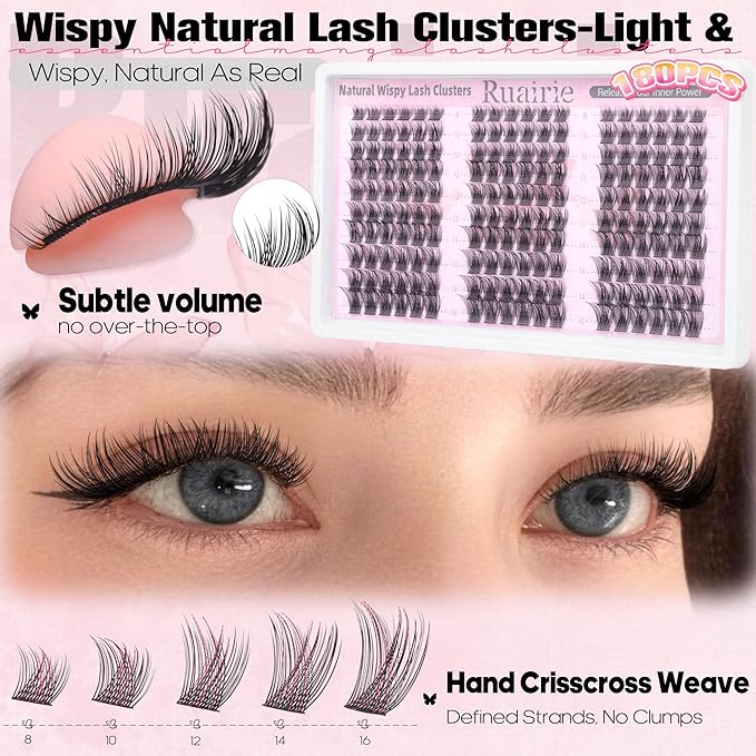 Wispy Lash Clusters Natural Cluster Eyelash Extensions 8-16mm Eyelash Clusters C-Curly Daily Wear Lashes Clusters Natural Bare Face Individual Lashes Eyelashes Clusters