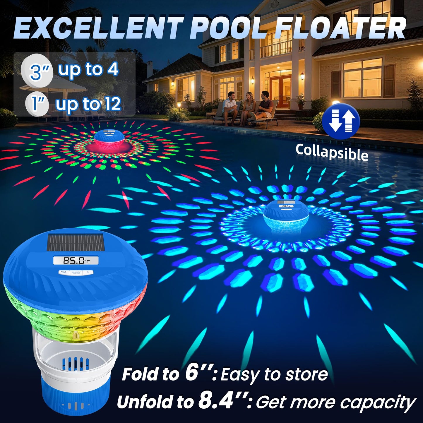 FineBud 2026 Upgraded Pool Chlorine Floater with Thermometer, Digital Screen Pool Chlorine Floater,Solar Pool Chlorine Floaters with Light, Button Control Floating Chlorine Dispenser for Pool (Blue)