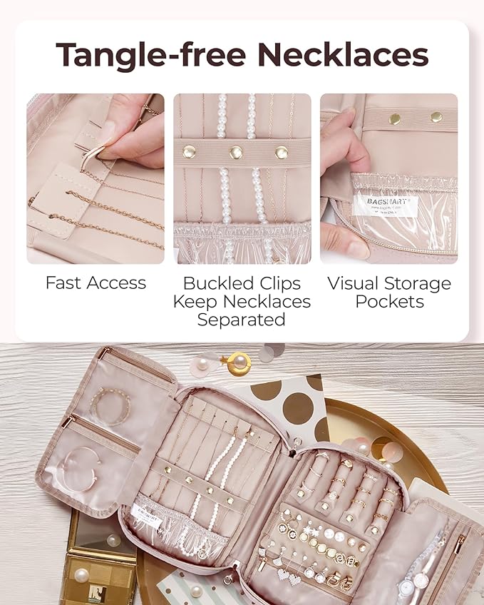 BAGSMART Jewelry Organizer Case Large Travel Jewelry Storage Bag for Necklace, Earrings, Rings, Bracelet, Soft Pink (Pack of 2)