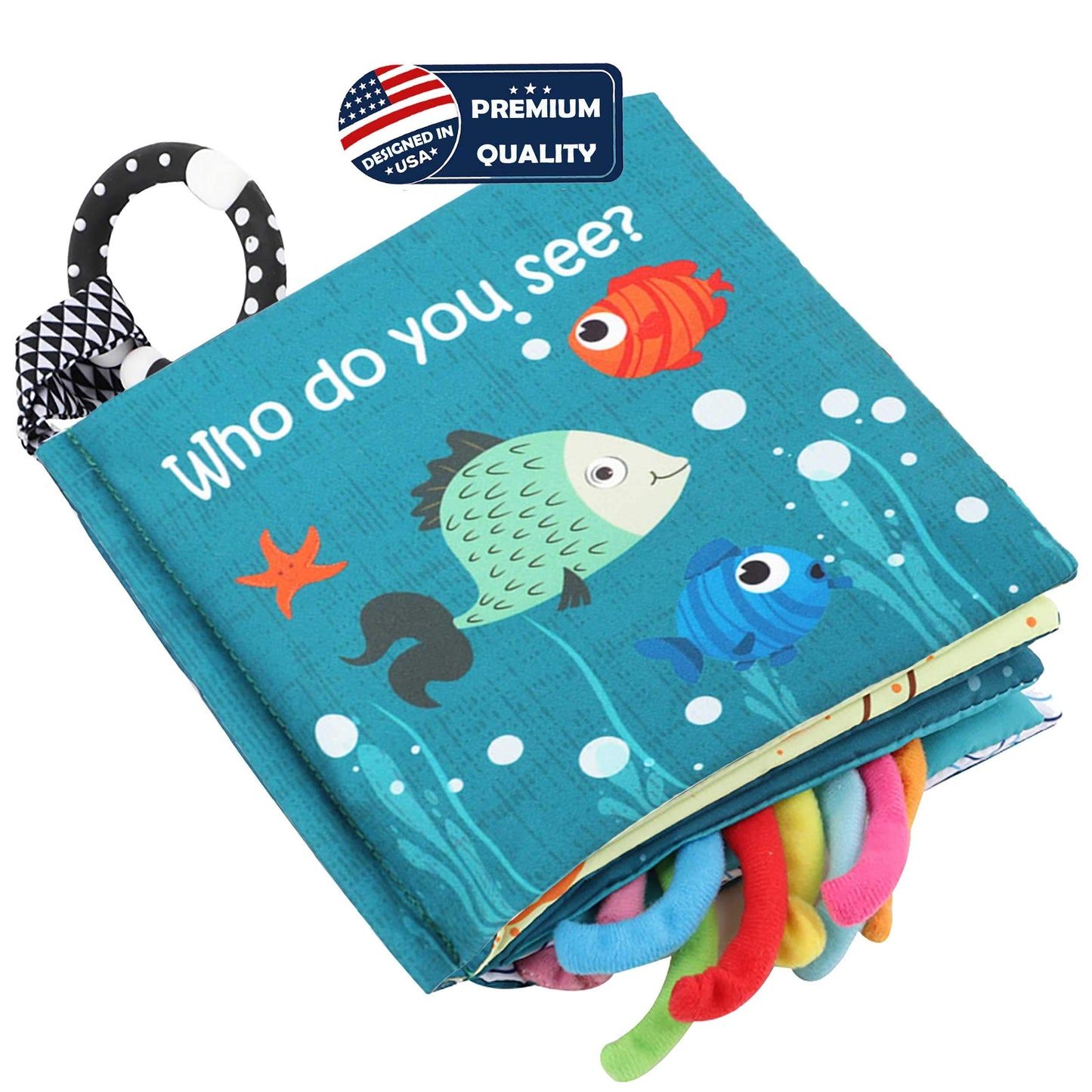Fish Baby Books Toys, Touch Feel Cloth Crinkle Books for Babies,Baby Infant Toys 0-6, 6-12,12-18 Months,Newborn,Early Learning Education, Baby Gifts Shower for Boys Girls,Teething, Mirror,Shark Ocean