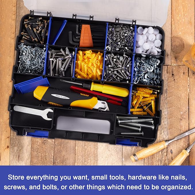 Small Parts Storage Case Tools Box Organizer Double Side 34 Compartments Hardware Organizers with Removable Plastic Dividers for Screws Nuts Nails Bolts