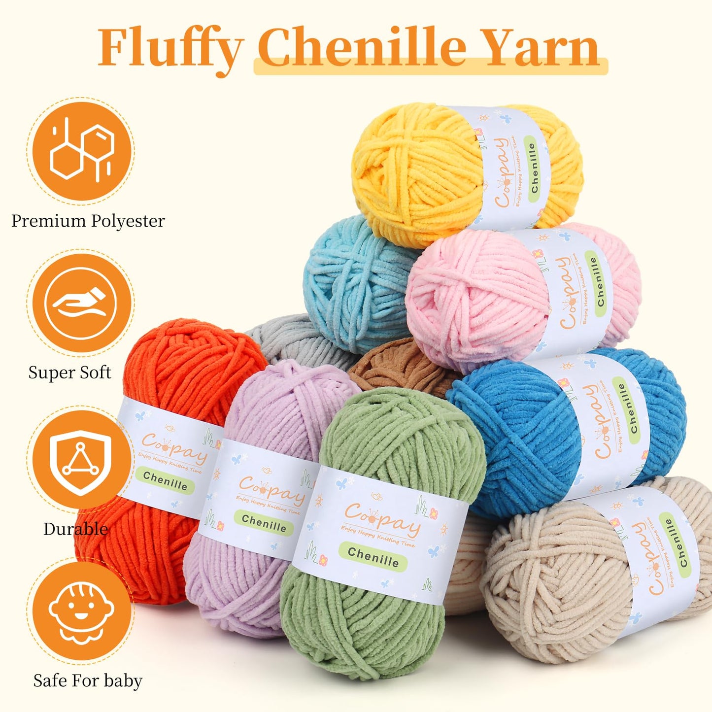 Coopay Chenille Yarn for Crocheting, 8 Pack Medium Weight Yarn - CYC #4 - Total 520yd, Soft Crochet Yarns for Plush Toys, Blankets, Scarves (Brown)