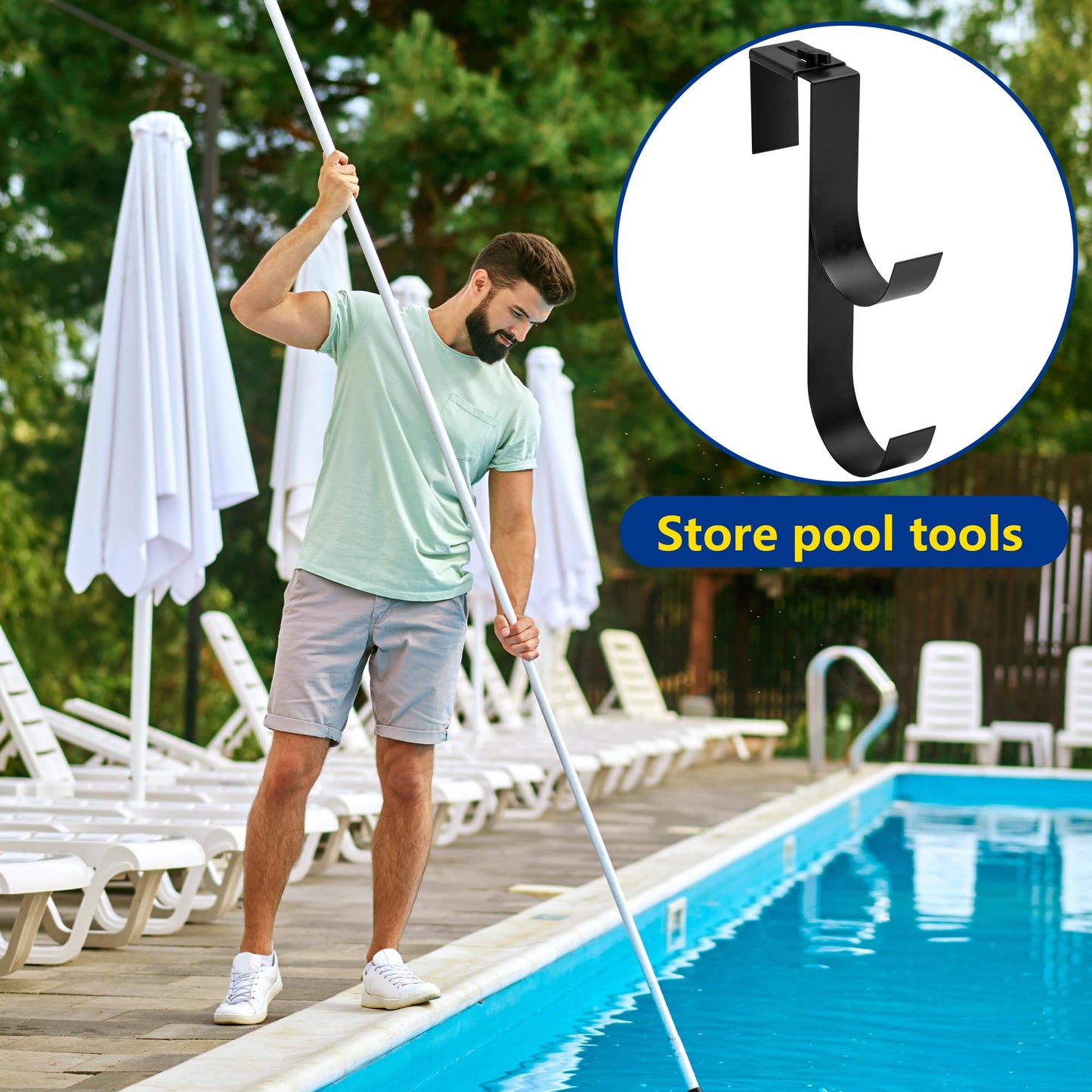 codree 2 Pcs Adjustable Pool Fence Hooks for Pool Equipment, Black Heavy Duty Fence Hooks for Pool Poles, Slipe-on Fence Hanger for Pool Hose Pool Skimmer, Fits 1.4 Inch to 3 Inch Railing