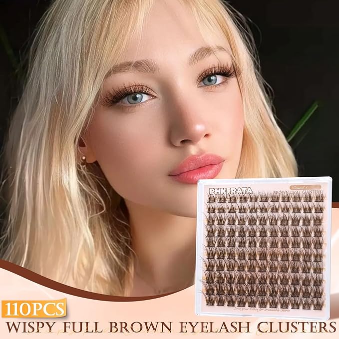 PHKERATA Brown Lash Clusters Wispy Brown Eyelash Clusters Wispy Lashes Clusters Natural C Curvature Cluster Eyelash Extensions 110 Pcs Individual Lashes DIY Cluster Lashes, 10-16 mm