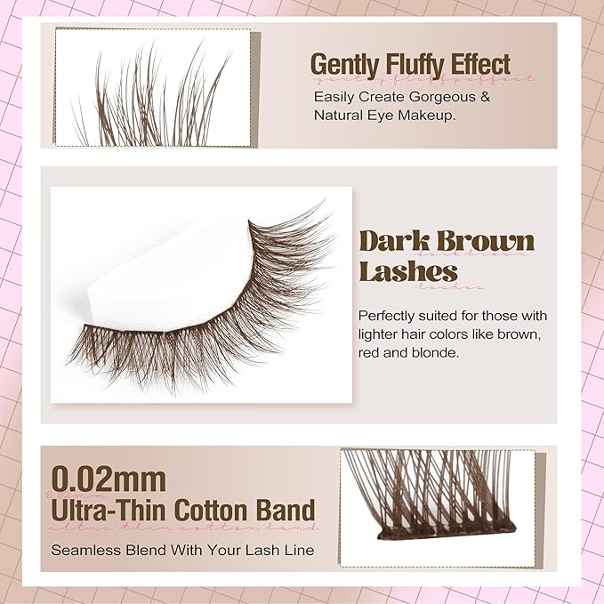 Brown Lash Cluster Kit Dark Brown Eyelash Clusters Gently Fluffy Individual Lashes Kit Natural DIY Lash Extensions Kit Wispy Cluster Eyelash Extensions Kit with Lash Bond and Seal Remover Tweezers