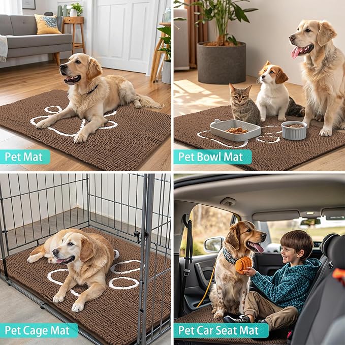 Smiry Dog Door Mat for Muddy Paws, Absorbent Dirt Trapper Non Slip Quick Dry Washable Chenille Mat for Mud Dogs, Entry Rug for Indoor and Outdoor (30x20 Inches, Coffee and White)