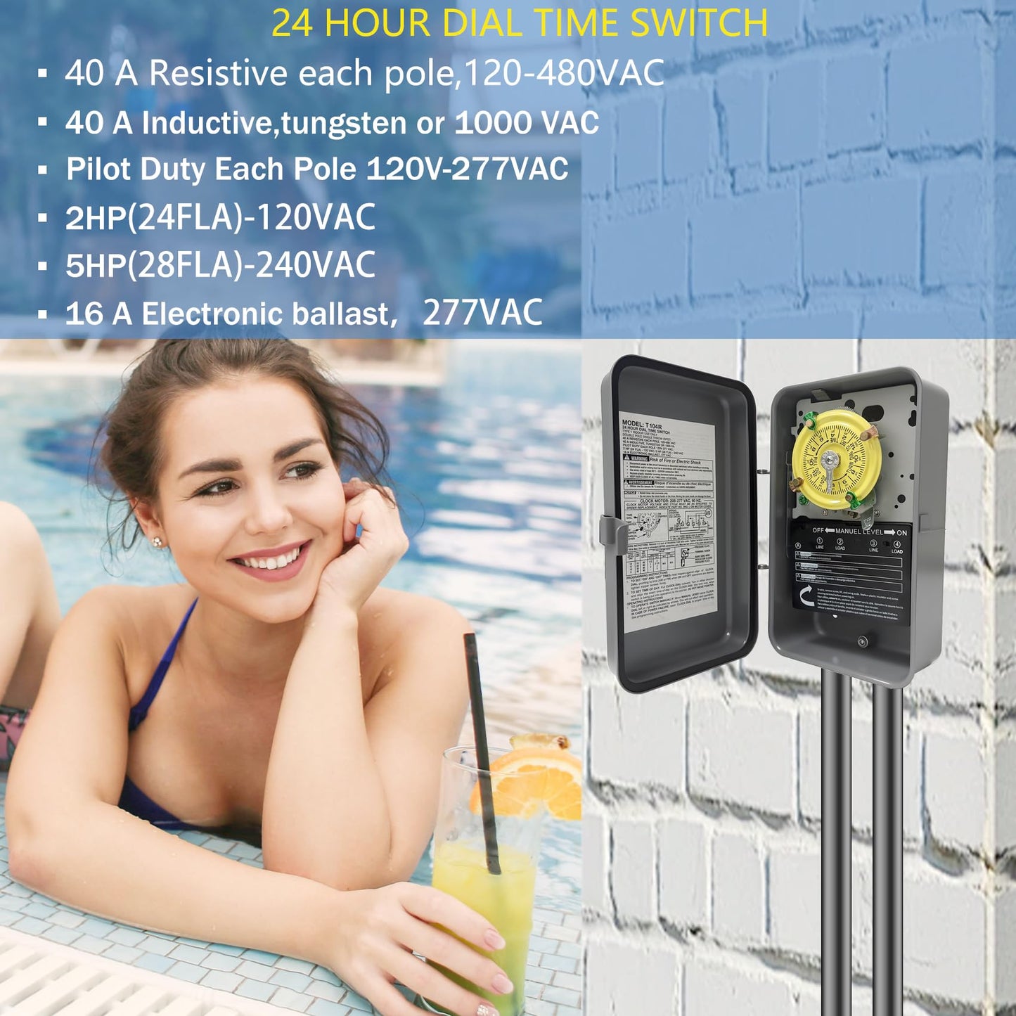 T104R Mechanical Timer Switch, 208–277 VAC 40 Amp,Pool Pump Switch, 24 Hour 12 ON/Off for Pump, Heavy Duty Pool Timers Outdoor, Timer for Pump Lights HVAC Systems, 5 Years Warranty