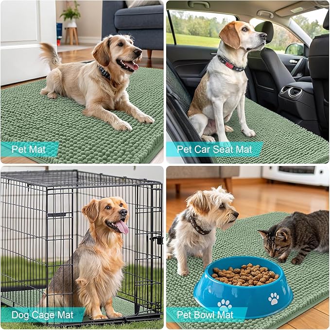 OLANLY Dog Door Mat for Muddy Paws 35x24, Absorbs Moisture and Dirt, Absorbent Non-Slip Washable Doormat, Quick Dry Chenille Mud Mat, Entry Indoor Entryway Carpet for Inside Floor, Olive Green