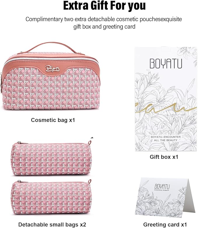BOYATU Travel Makeup Bag Cosmetic Bags for Women: Large Capacity 3 Pcs Set Make up Bag with Compartments - Waterproof Vegan Leather Toiletry Organizer Bags with Handle (M-79Pink)