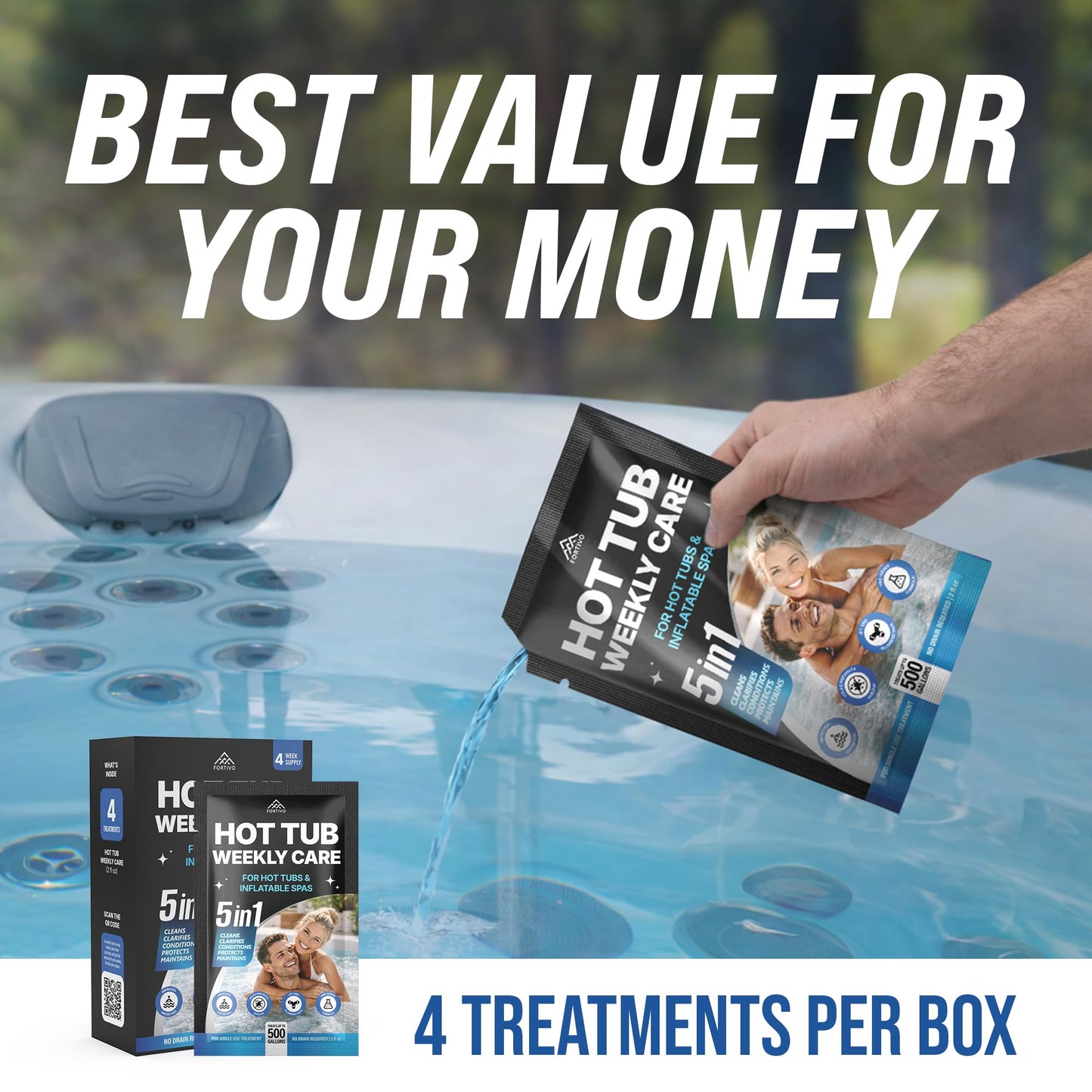 5-in-1 Hot Tub Weekly Care - Water Clarifier and Conditioner for Sparkling Soft Spa Water, Safe on Hot Tub Surfaces and Components, for Acrylic, Inflatable, Portable, Hard Shell Spas - 4 Pouches