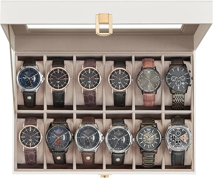 SONGMICS Watch Box, 12-Slot Watch Case Organizer with Large Glass Lid, Removable Pillows, Gift for Loved Ones, Cloud White Synthetic Leather, Cappuccino Beige Lining UJWB120W01