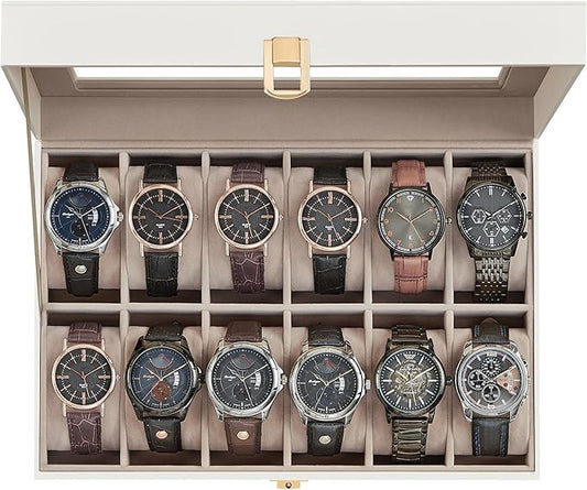SONGMICS Watch Box, 12-Slot Watch Case Organizer with Large Glass Lid, Removable Pillows, Gift for Loved Ones, Cloud White Synthetic Leather, Cappuccino Beige Lining UJWB120W01