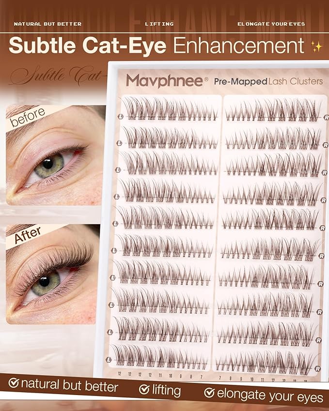Brown Lash Clusters Natural Cat Eye Eyelash Extensions, 7-12MM Pre-Mapped Wispy Individual Lashes For Easy Application, C-Curly Clear Band, For Natural Lifted Look