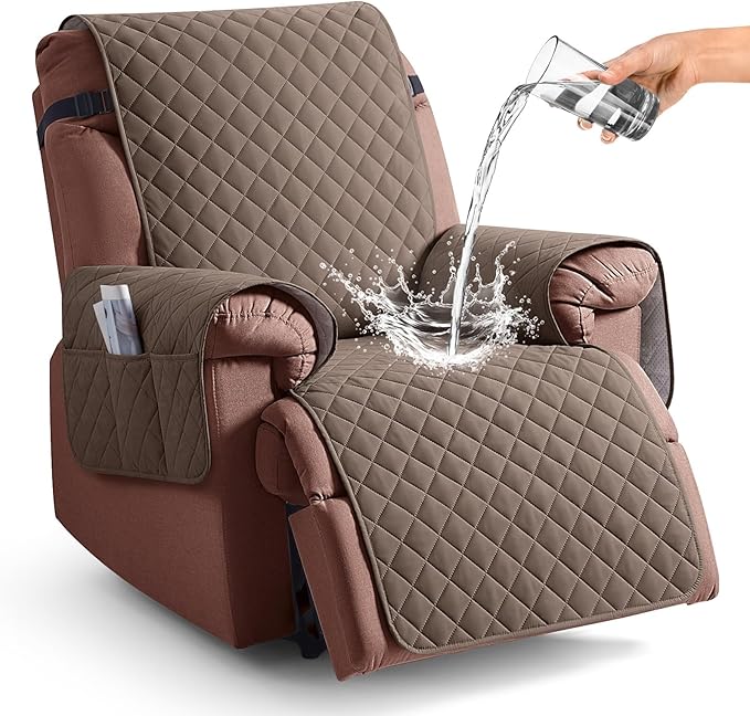 KinCam 100% Waterproof Recliner Chair Cover, Reclining Couch Covers for Pets, Dogs, Recliner Couch Slipcover Furniture Protector with Elastic Straps for Kids(23.6", Brown)