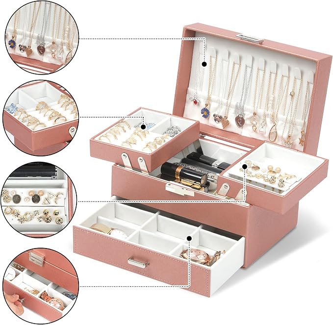 Dajasan Jewelry Organizer Box, Large Jewelry Boxes for Women Girls, Compact 3 Layers Jewelry Storage Case with Drawer, Gift Idea for Christmas, Valentine's Day, Birthday, Mother's Day (Rose Gold)