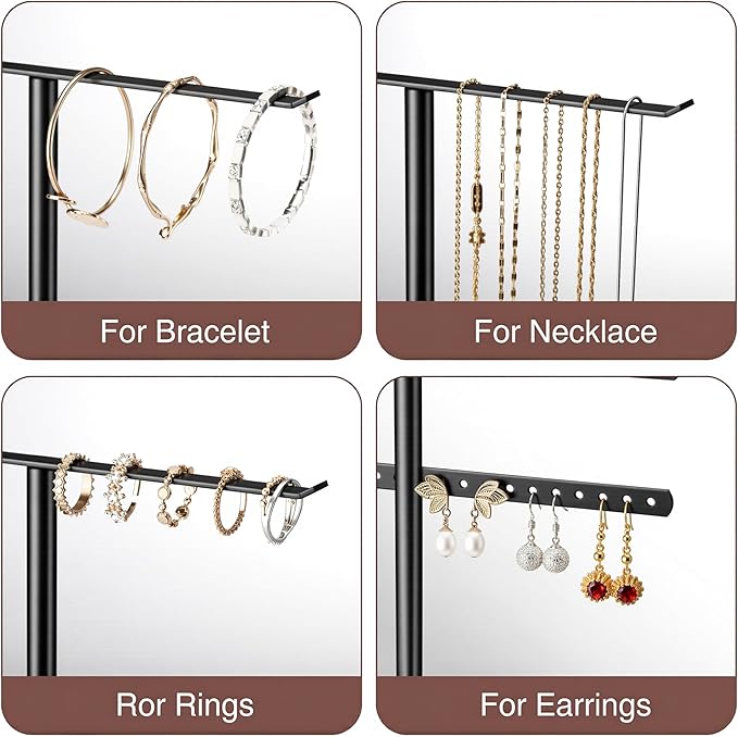 pickpiff Jewelry Stand Organizer, 12.5" Tall Sturdy Metal, 3-Tier Jewelry Holder for Necklace, Earring, Bracelet, Ring, Hanger for Display and Storage, Aesthetic Room Decor, Black