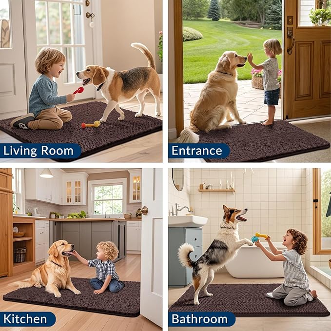 Smiry Dog Door Mat for Muddy Paws 59x24, Absorbs Moisture and Dirt Doormat, Non-Slip Washable Quick Dry Chenille Front Door Mat Indoor Entrance, Entryway Carpet for Inside Floor, Brown