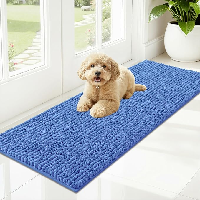 OLANLY Dog Door Mat for Muddy Paws 47x17, Ultra Absorbent Chenille Mud Doormat, Non-Slip Washable and Dirt Trapping Doormat for Indoor Entryway, Quick-Dry Indoor Pet Bed Mats for Dogs, Cornflower Blue