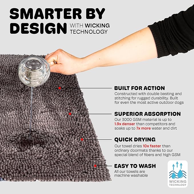 Dog Gone Smart Dirty Dog Doormat - Fast Drying Rug with Super Gripper Backing for Clean Floors - Super Absorbent and Machine Washable Mat for Muddy Paws - Grey