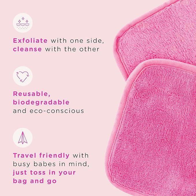 ERASE YOUR FACE Reusable Makeup Remover Cloths - Microfiber Face Towels to Cleanse & Remove Makeup - Water Activated for Sensitive Skin - Pink & Black (2 Count)
