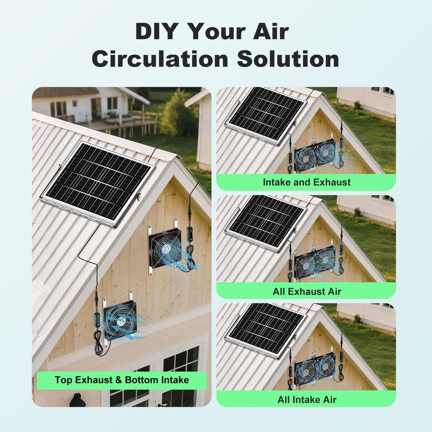 pqins 5.5'' Solar Greenhouse Fan 2 Kit, 30W Solar Powered Exhaust and Intake Chicken Coop Fan, Strong Airflow & Waterproof, 16.5 ft Cord, for Outdoor Shed Doghouse Air Circulation and Ventilation