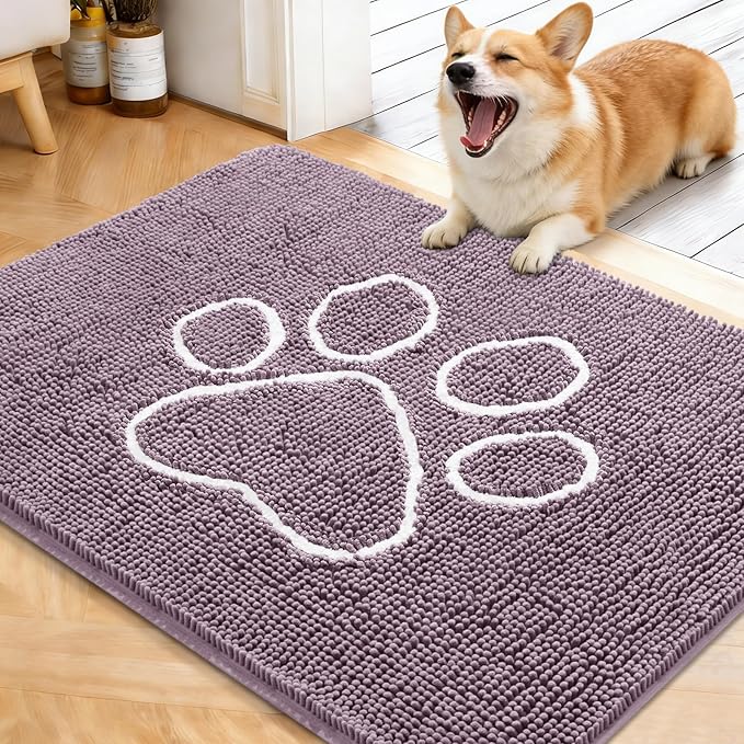 OLANLY Dog Door Mat for Muddy Paws 40x32, Paw Print Design, Absorbs Moisture and Dirt, Absorbent Non-Slip Washable Doormat, Quick Dry Chenille Mud Mat, Entry Indoor Entryway Carpet, Deep Plum