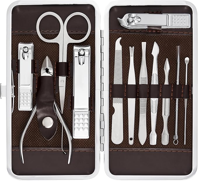 Professional Manicure and Pedicure Kit, 12-Piece Premium Grooming Set with Nail Clippers, Facial Care Tools, and Luxurious Travel Case for Men and Women
