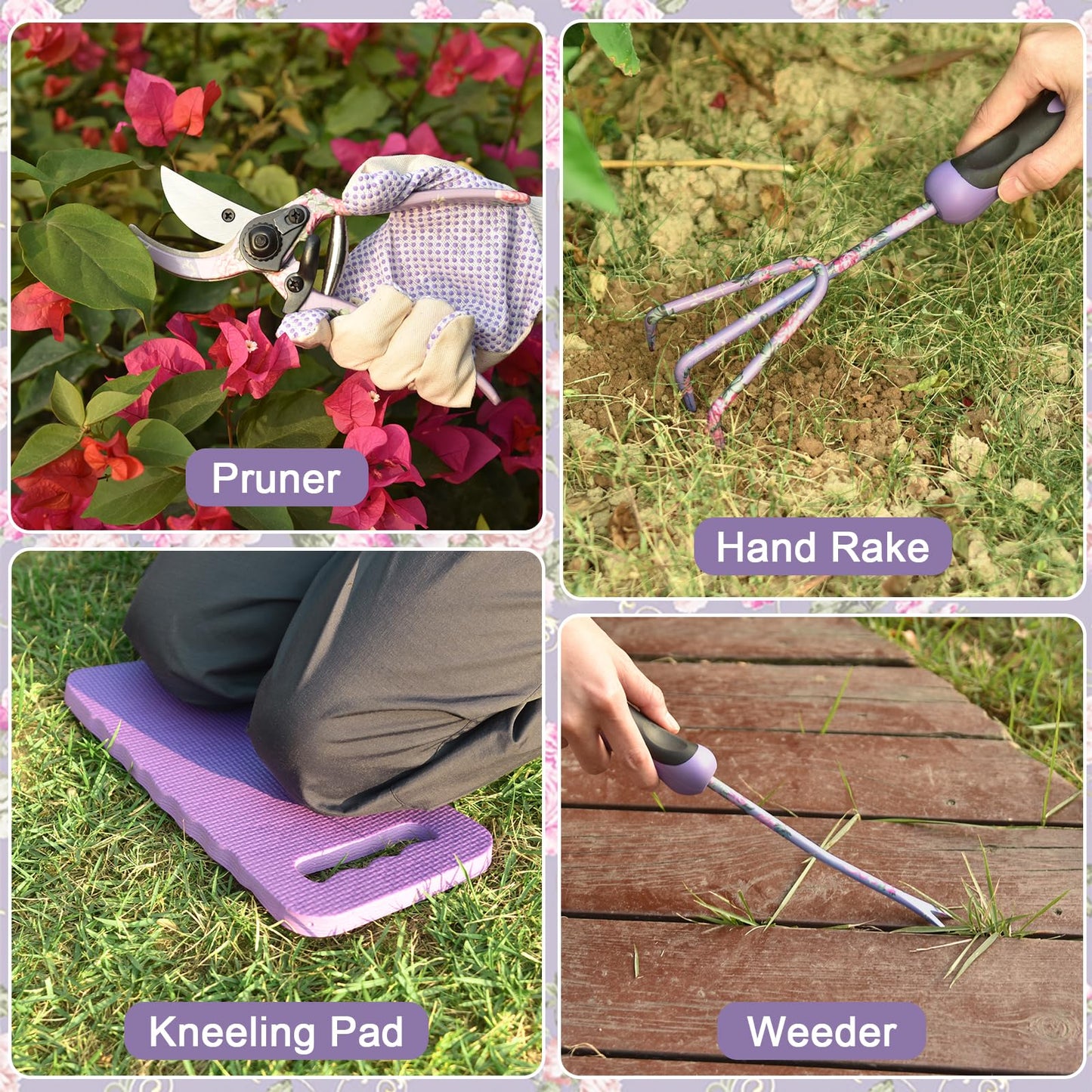 Gardening Tools, WisaKey 10 Piece Heavy Duty Purple Garden Tool Set Durable Garden Supplies Organizer Bag Garden Hand Tools Grandmother Granny for Woman Mothers