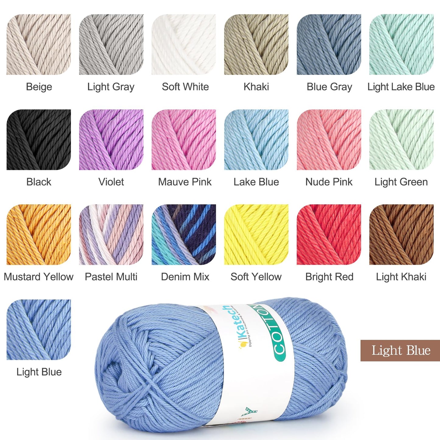 Katech Pure Cotton Yarn for Crocheting & Knitting–Soft Sport Weight CYC #2, 6 Skeins (50g Each, 300g Total), Ideal Crochet Yarn for Dishcloths, Baby Clothes, Socks, Lightweight Scarves（Light Blue）