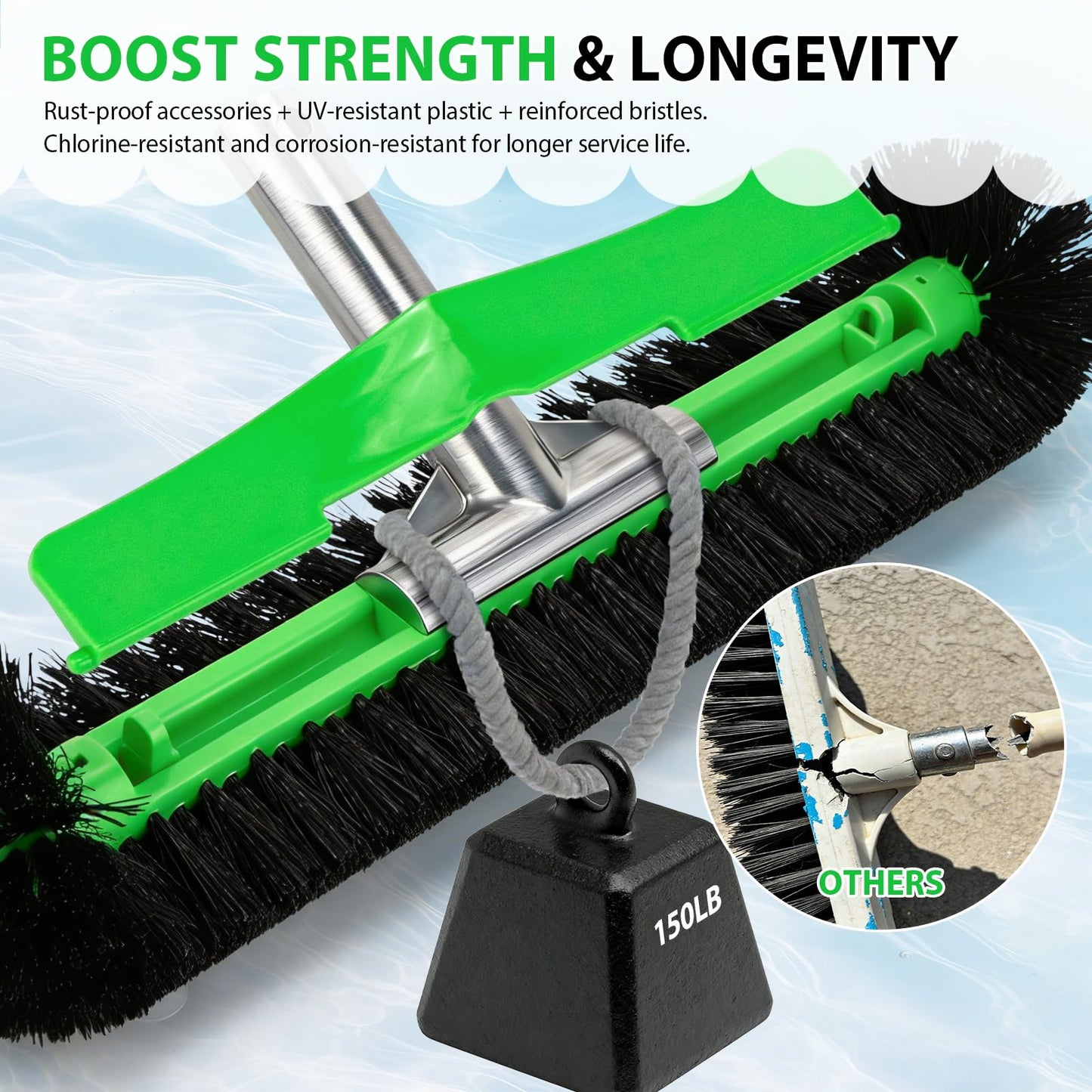 17.5" Professional Pool Brush - Sticks to Walls & Floor, High-Efficiency Heavy Duty Inground/Above Ground Pool Scrub Brushes with Round Ends, Premium Nylon Bristle,Reinforced Aluminium, Safe for Vinyl