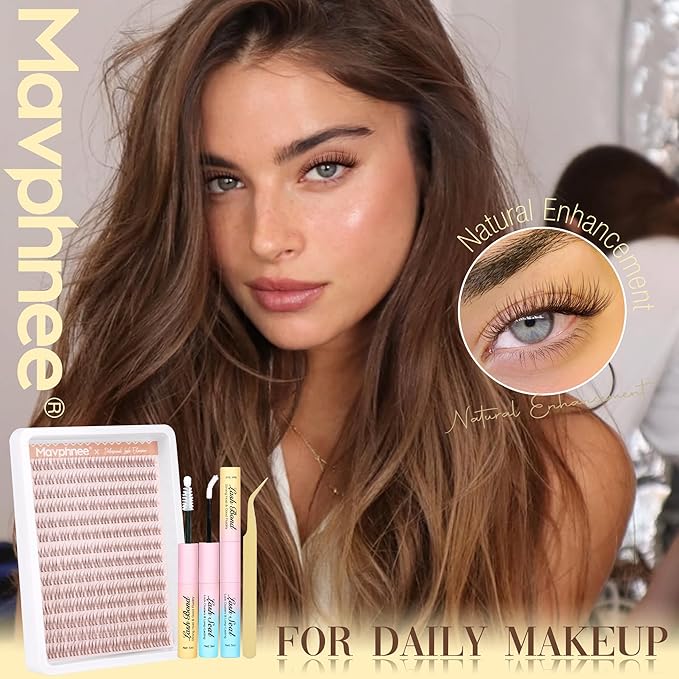 Mavphnee Brown Lash Clusters Kit Natural Cluster Eyelash Extensions Kit 10-12MM Short C-Curly Lash Extension Individuals 168 Pcs DIY Clusters Lashes for Beginners with Bond and Seal Clear