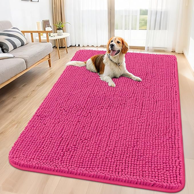 Smiry Dog Door Mat for Muddy Paws 59x35, Absorbs Moisture and Dirt Doormat, Non-Slip Washable Quick Dry Chenille Front Door Mat Indoor Entrance, Entryway Carpet for Inside Floor, Hot Pink