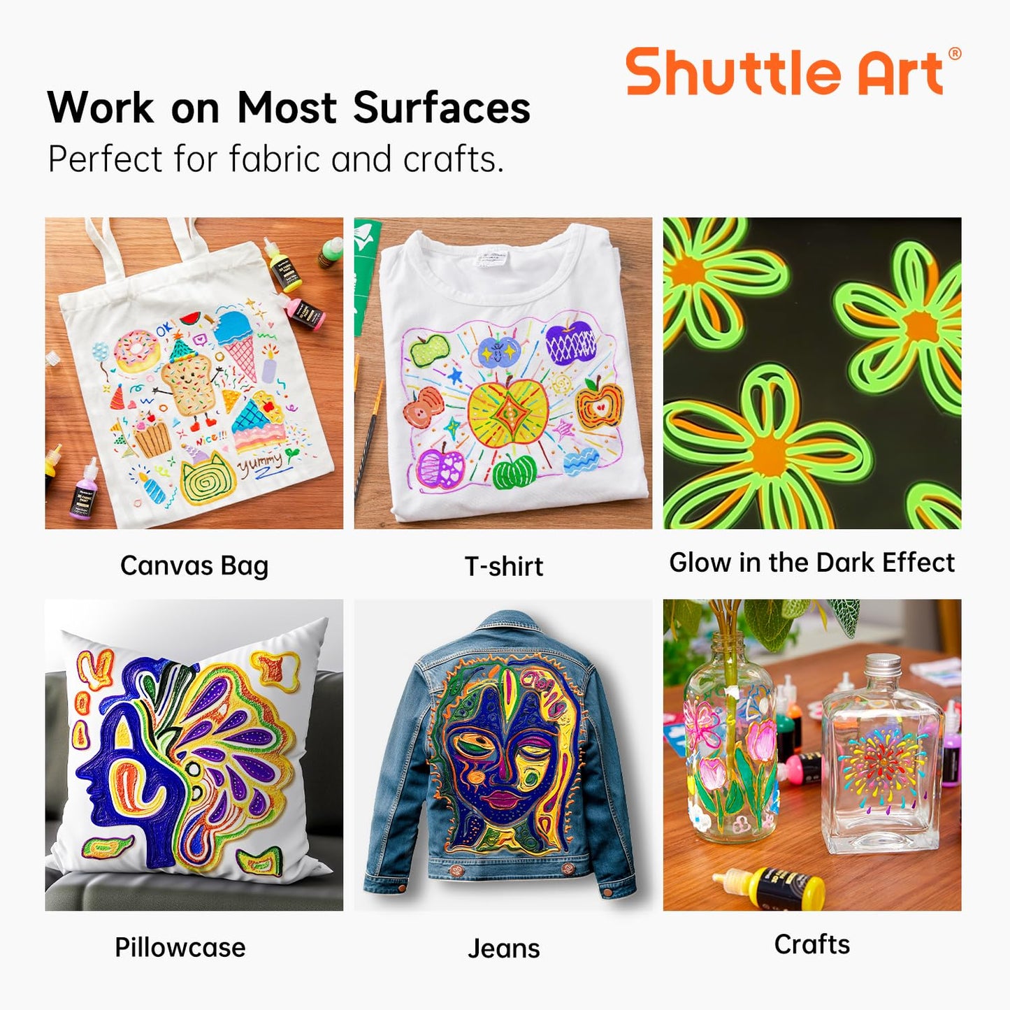 Shuttle Art Fabric Paint, 24 Colors 3D Permanent Paint with Brushes Palette Pen Fabric Sheet Stencils, Glow in The Dark, Glitter, Metallic Colors for Textile Fabric T-shirt Jeans Glass