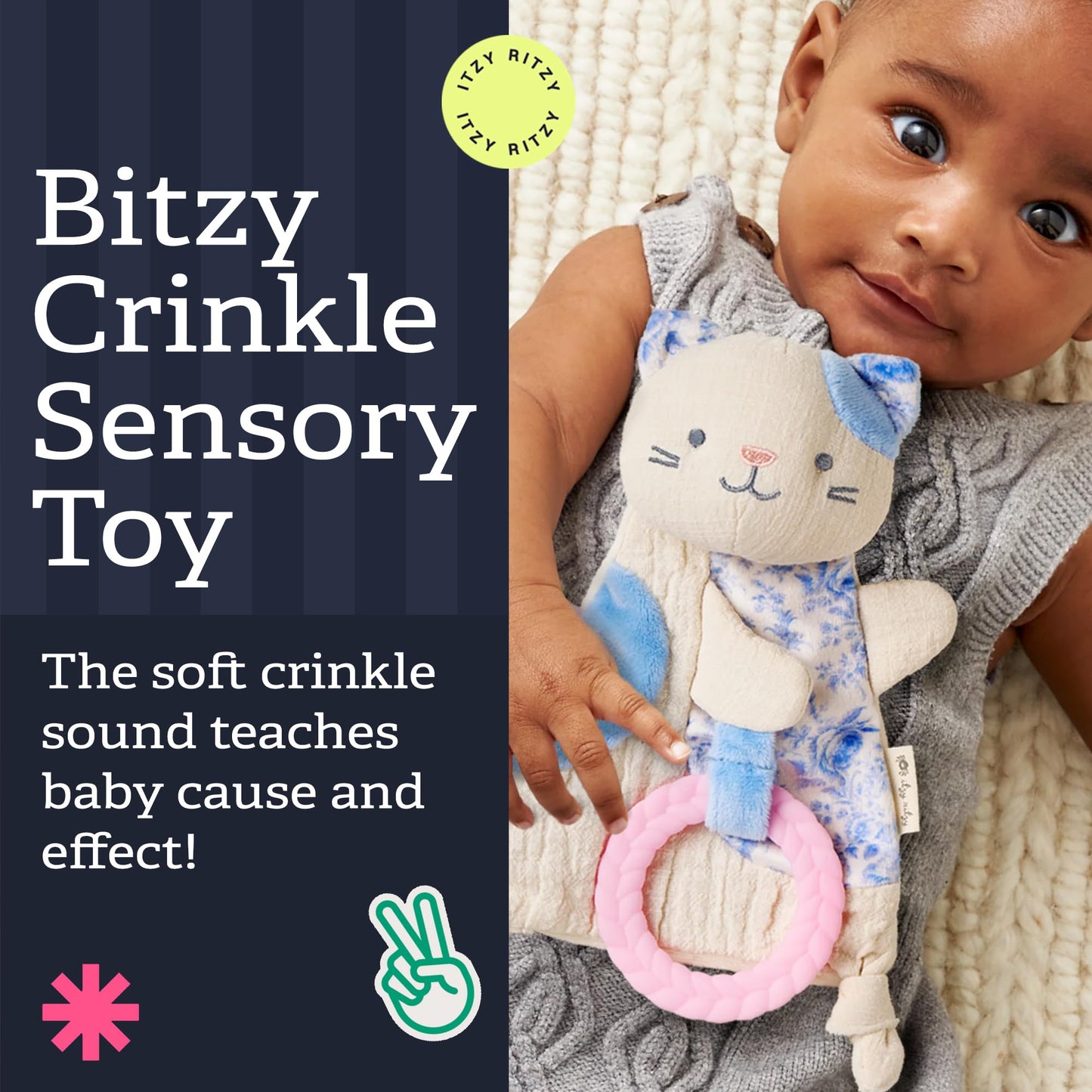 Itzy Ritzy - Bitzy Crinkle Sensory Toy for Babies & Toddlers — Features Crinkle Sound, Soft Braided Teething Toy Ring & Textured Ribbons — Gender Neutral Baby Item for Ages 0 Months & Up, Kitty
