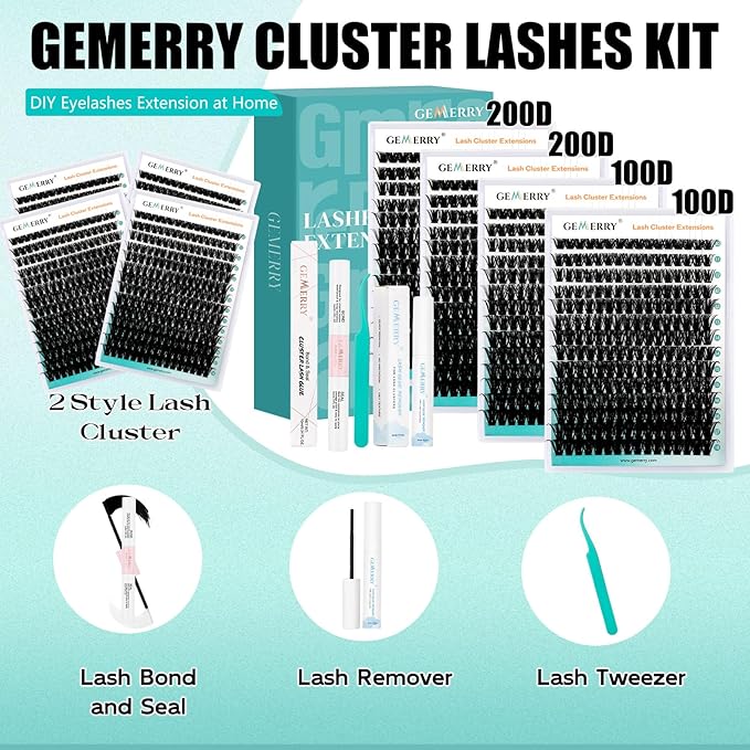 GEMERRY Lashes Clusters Kit Thick Lash Clusters 2 Styles 728Pcs Fluffy Lash Clusters Kit with Waterproof Bond and Seal Remover Tweezers for Beginners（2X 100P+200P）