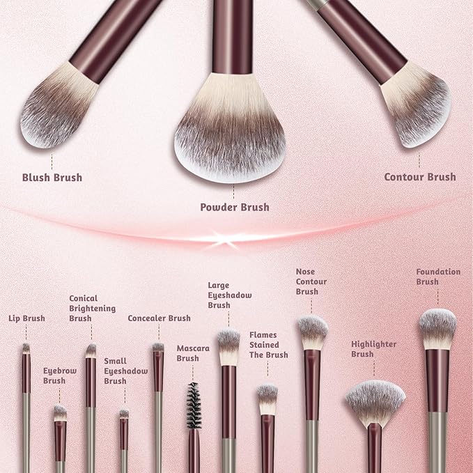 Makeup Brush Set, Premium Synthetic 14 Pcs Makeup Brushes, Travel Makeup Brush Set for Foundation, Concealer, Blush and Eyeshadow Brush(Red Brown)