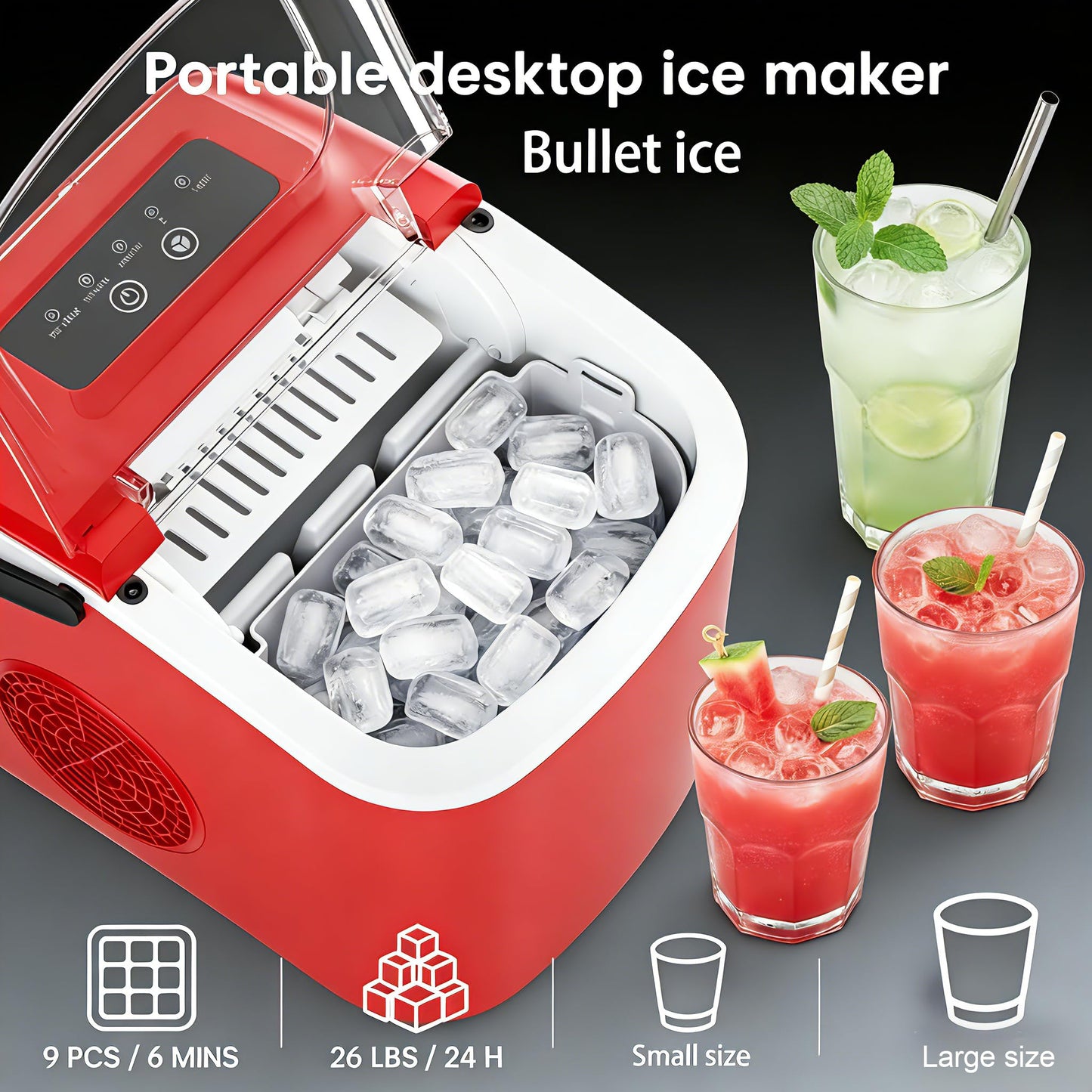 Bayany Countertop Ice Maker with Handle, 26lbs/24H, Small Portable Self-Cleaning Ice Machine with Basket and Scoop, 9 Bullet-Shaped Ice Cubes in 6 Mins for Home Kitchen, Parties, Camping