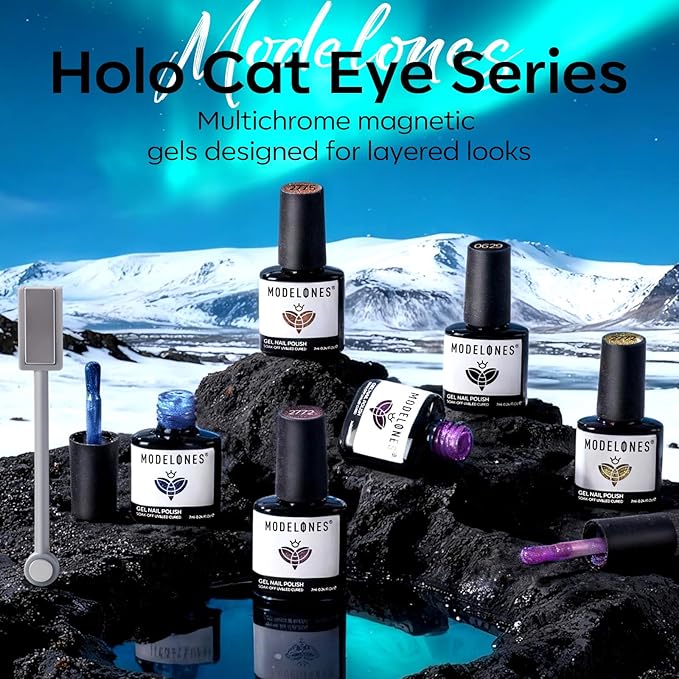 modelones Cat Eye Gel Nail Polish Set, 6 Colors Holographic Colorful Rainbow Glitter 9D Cateye Magnetic Gel Polish Black Purple Blue Green Yellow Coral Pink Nail Polish W Magnet Soak Off LED DIY Gift