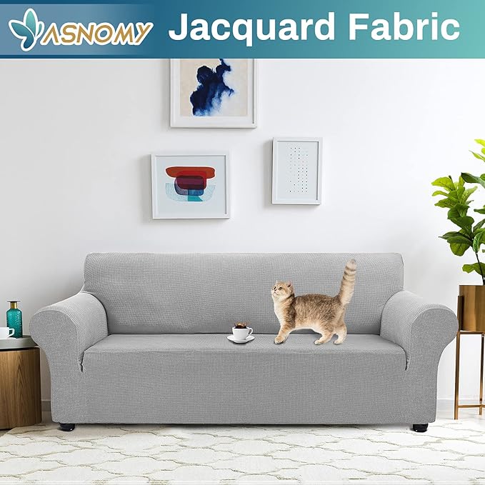 Asnomy Couch Covers for 3 Cushion Couch Stretch Sofa Covers Slipcovers, Pet Protector Furniture Covers for Dogs Cats Spandex Jacquard Fabric Small Checks （Large，Silver）