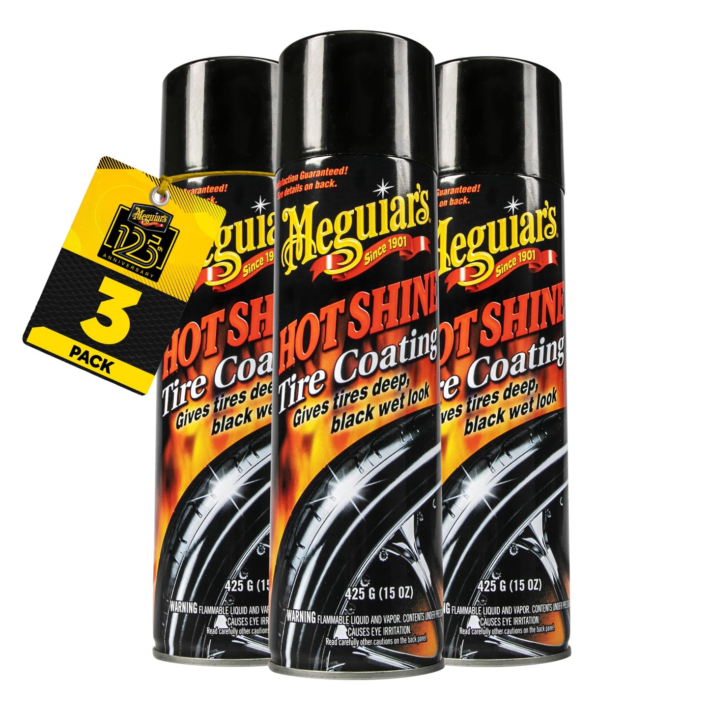 Meguiar's Hot Shine High Gloss Tire Coating - Get Long-Lasting Tire Protection and Glossy Tires with a Wet Look Shine, 3 Pack of 15 Oz Aerosol Cans