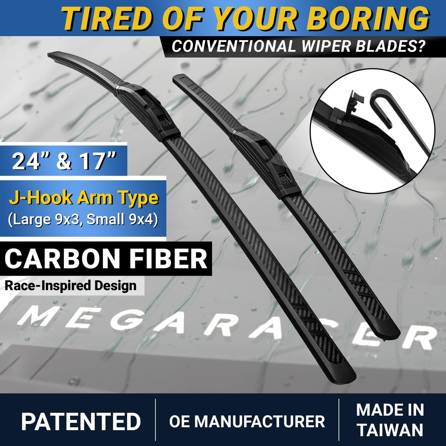 Premium Silicone Carbon Fiber Windshield Wiper Blades 24" & 17" - Patented All-Season, Quiet & Smooth Streak-Free Clean Wipe, OEM Quality, Front Automotive Replacement Wipers for Car & Truck (2 Pack)