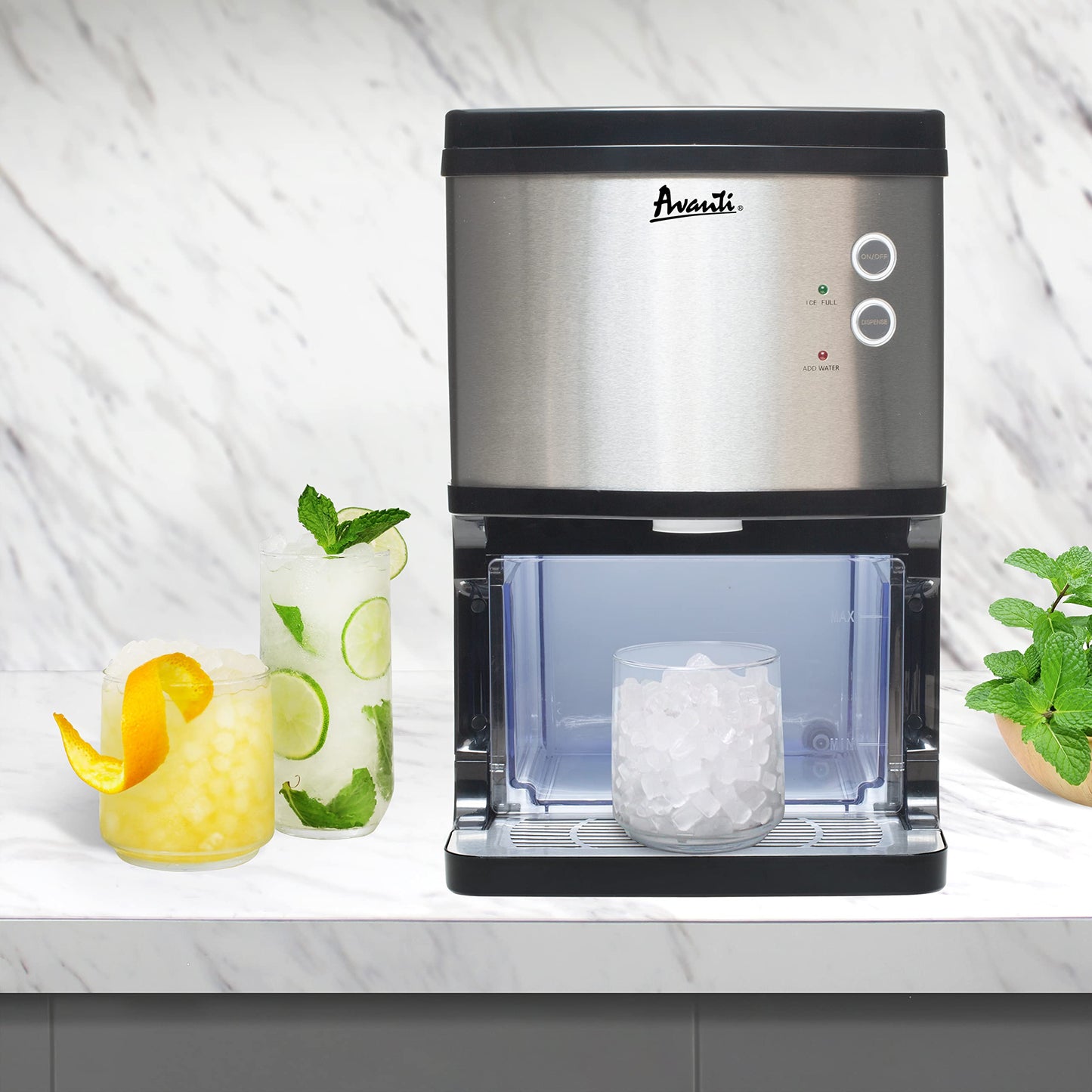Avanti Nugget Ice Maker with Electronic Controls and Dispenser Countertop Use Makes 33lbs of Chewable Ice Per Day Perfect for Kitchen Office or Breakroom, Includes Ice Bin, 195-Watts, Stainless Steel