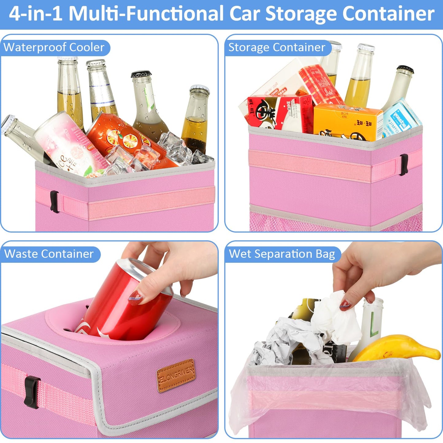 ELONGRIVER Car Trash Can Bin for Back Seat Leak Proof, Cute Car Trash Bag Hanging, Vehicle Trash Can for SUV Truck Van, Automotive Garbage Cans Front Seat Pink
