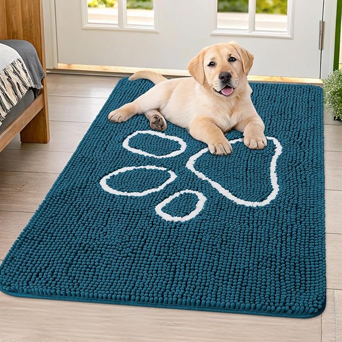 Smiry Dog Door Mat for Muddy Paws, Absorbent Dirt Trapper Non Slip Quick Dry Washable Chenille Mat for Mud Dogs, Entry Rug for Indoor and Outdoor (40x32 Inches, Atlantic Blue and White)