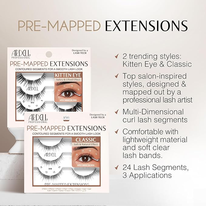 Ardell Pre-Mapped Eyelash Extensions Kit - False Lashes Doll Eye, Reusable Segmented Lash Strips, Long-Lasting with Glue and Remover, 4 Pack