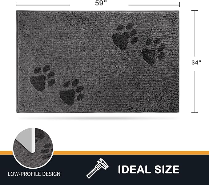 PURRUGS Dirt Trapping Door Mat 34" x 59", Non-Skid/Slip Machine Washable Microfiber Entrance Rug, Shoes Scraper, Dog Doormat, Super Absorbent Floor Mat for Muddy Wet Shoes and Paws, Grey