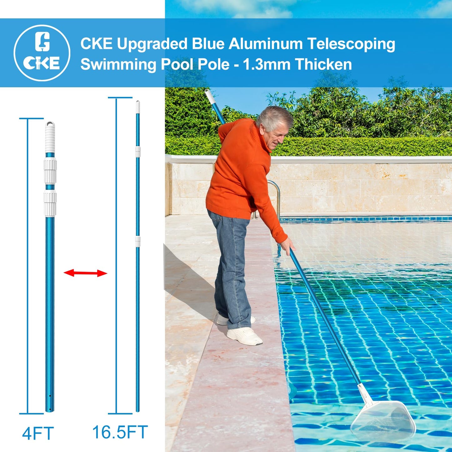 CKE Upgraded 16.5 Feet Thicken 1.3mm Blue Aluminum Telescoping Swimming Pool Pole,Adjustable 3 Piece Expandable Step-Up,Attach Connect Skimmer Net,Rakes,Brushes,Vacuum Head with Hoses, Universal 1.25"