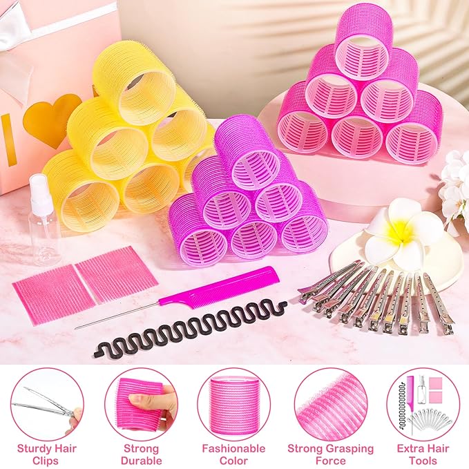 41 Pcs Jumbo Hair Curlers Rollers with Clips Big Hair Rollers with 3 Sizes 64mm 55mm 48mm, Self Grip Hair Roller for Long Medium Short Thick Thin Bangs Volume, Hair Roller with Comb Braid Tool